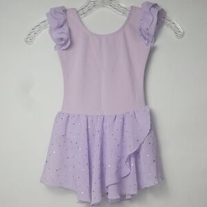 Girl's Arshiner Purple Dance Leotard Ruffled Cap Sleeve Tutu Glitter Skirt T8